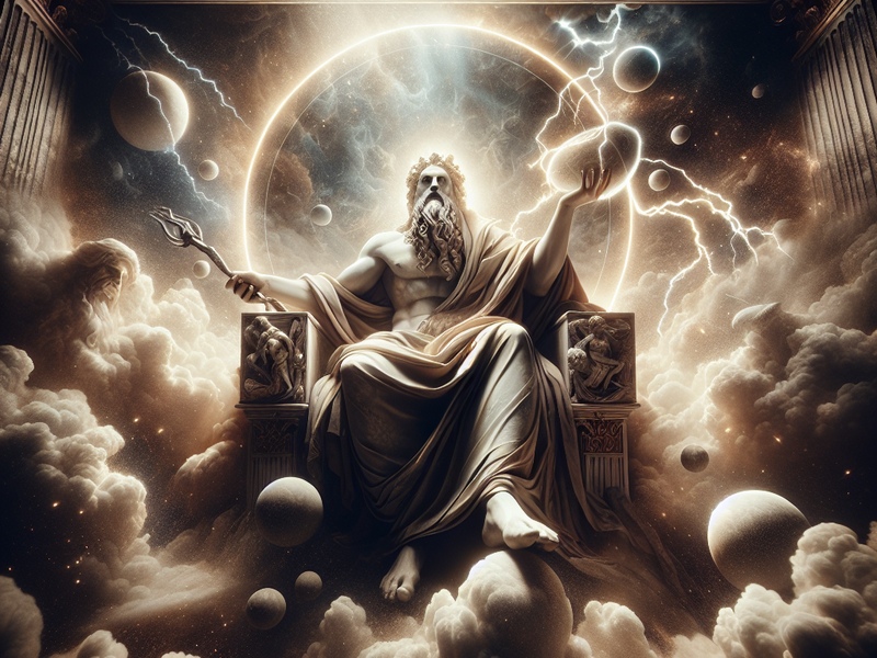 Zeus seated on a throne with lightning bolt